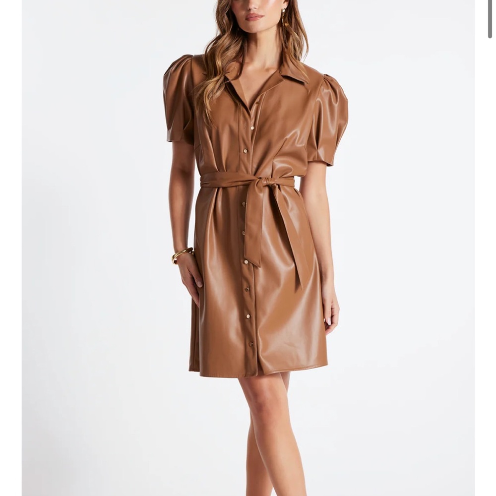 Leather Tie Front Puff Sleeve Dress